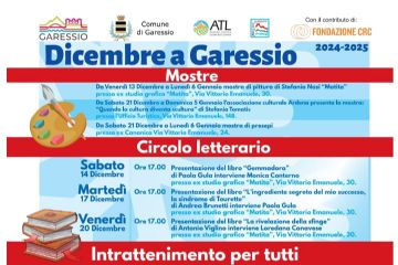 immagini varie: libri, babbo natale, panino, patatine, bevanda
 A partire dal 13 dicembre 2024 e fino al 6 gennaio 2025, nelle varie Borgate di Garessio, è previsto un fitto calendario di appuntamenti culturali, gastronomici, musicali e di intrattenimento. 