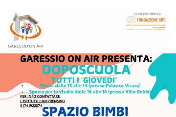 immagine: bimbi che studiano e che giocano in cerchio
Nell'ambito del progetto "Garessio On Air", presso Villa Gobbi, tutti i giovedì dalle ore 14 alle ore 16
si svolgerà il doposcuola, uno spazio per lo studio.
Per informazioni contattare l'Istituto Comprensivo 01741922374
A seguire, dalle ore 16 alle ore 17 si svolgerà "Spazio bimbi" - centro aggregativo giovanile per bambini 6-10 anni.
Per informazioni: 3386142231