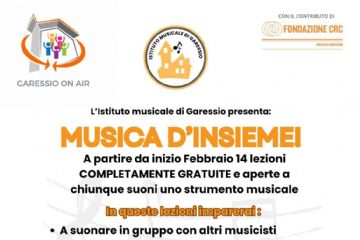 Nell'ambito del progetto Garessio On Air, con il contributo di Fondazione CRC spazio giovani, l'Istituto Musicale di Garessio presenta "Musica d'insieme", a partire da febbraio, 14 lezioni completamente gratuite e aperte a chiunque suoni uno strumento musicale. Cosa imparerai in questo corso? 
- a suonare in gruppo con altri musicisti
- come si può scrivere e registrare un brano da zero
- l'approccio a diversi generi musicali in un contesto di band
Contatti:
mail: istitutomusicale.garessio@gmail.com 
instagram: isituto_musicale_garessio 
Edoardo: 3487160013 - Filippo 3665370592 Dove: Villa Gobbi, Via al Santuario, 2 - Garessio