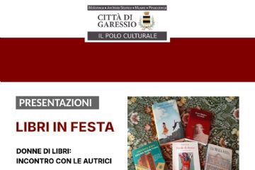 La locandina promuove la rassegna culturale "Libri in Festa", organizzata dal Polo Culturale della Città di Garessio nei mesi di luglio e agosto 2025. Il titolo è evidenziato in rosso: "Libri in Festa – Presentazioni". Sono presenti due sezioni di eventi:

Donne di libri: incontro con le autrici, con tre appuntamenti:

Sabato 19 luglio con Cristina Rava, che presenta "Degna sepoltura".

Sabato 26 luglio con Paola Scola, "Parole di donne".

Sabato 2 agosto con Alessandra Demichelis, "La malavita".

Libri da Strega: incontro con gli autori, con due incontri:

Sabato 9 agosto con Dario Voltolini e Darwin Pastorin, "Invernale" e altri scritti.

Sabato 23 agosto con Raffaella Romagnolo, "Aggiustare l’universo".

In basso a destra sono riportati luogo e orario: gli incontri si tengono alle ore 17.30, in Piazza San Giovanni al Borgo Maggiore.
Accanto al testo, una fotografia mostra i cinque libri citati, disposti su un tessuto floreale.

In alto è presente il logo della Città di Garessio – Il Polo Culturale, con le diciture Biblioteca, Archivio Storico, Museo, Pinacoteca.