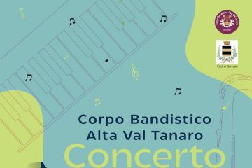 La grafica è divisa in due aree sfumate nei toni del verde chiaro (in basso a sinistra) e del turchese (in alto a destra). In alto a destra compaiono due loghi: quello del “Corpo Bandistico Alta Val Tanaro” (cerchio bordeaux con arpa stilizzata bianca) e, sotto, lo stemma del Comune di Garessio.
Al centro si legge:
“Corpo Bandistico Alta Val Tanaro
Concerto”

Sotto, in basso a sinistra, il testo informativo recita:
“18 Luglio 2025
Garessio
Piazza Battuti Parvi
Ore 21:00
Ingresso libero”
Sullo sfondo, motivi decorativi di note musicali stilizzate e scorci di spartiti si intrecciano sui due colori di base