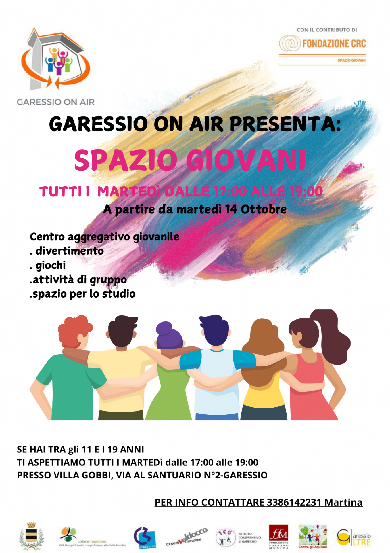 bambini e giovani abbracciati .
presso Villa Gobbi,tutti i martedì dalle ore 17 alle ore 19, a partire da martedì 14 ottobre 
si svolgerà "Spazio giovani" - centro aggregativo giovanile per ragazzi 11-19 anni.
Per informazioni: 3386142231 ( Martina ) 
