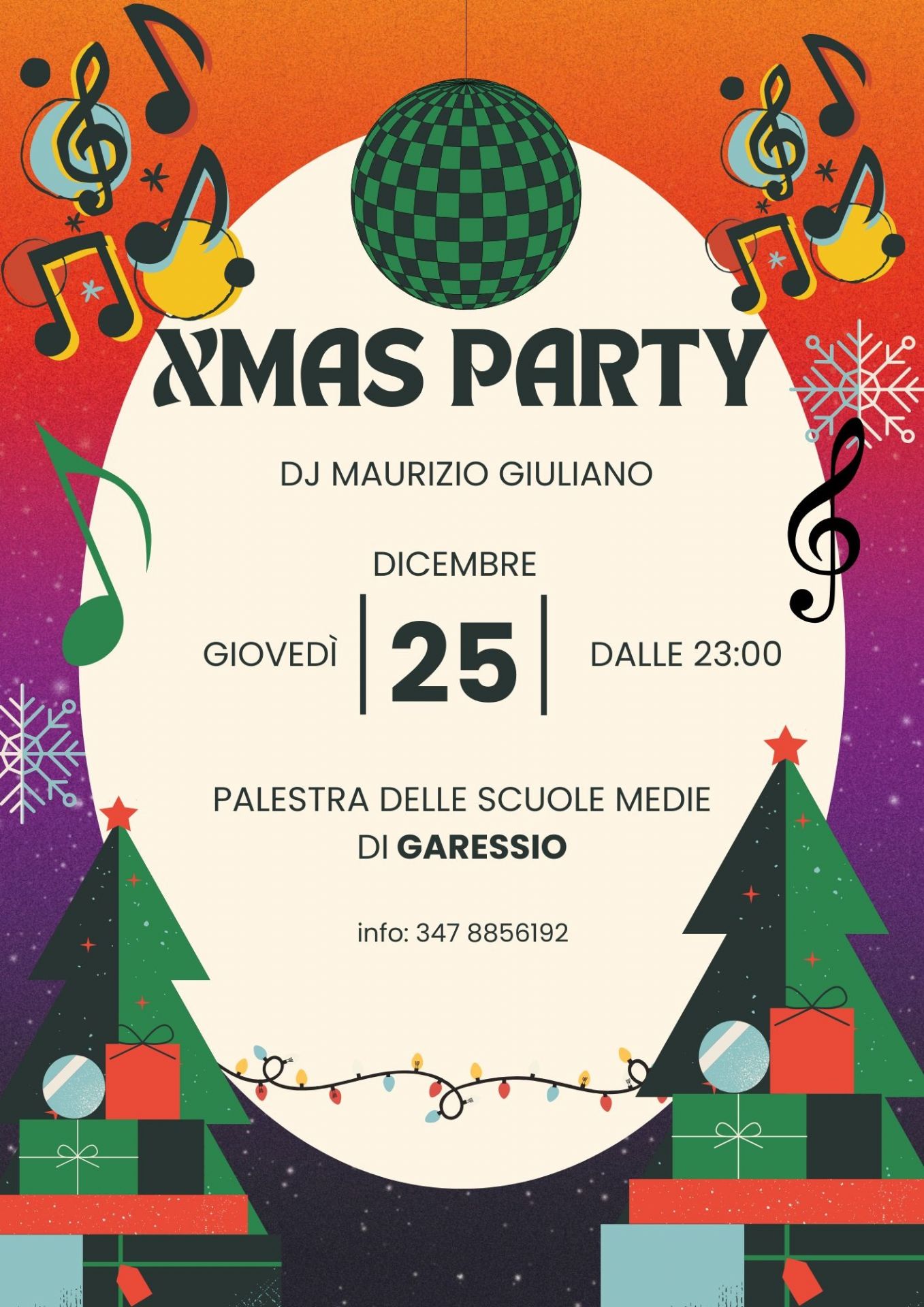 immagine.: alberi di Natale con pacchi regalo
Giovedì 25 dicembre 2025, a partire dalle ore 23,00, presso la palestra delle scuole medie di Garessio si svolgerà "Xmas Party" con dj Maurizio Giuliano.
Per info 347 8856192