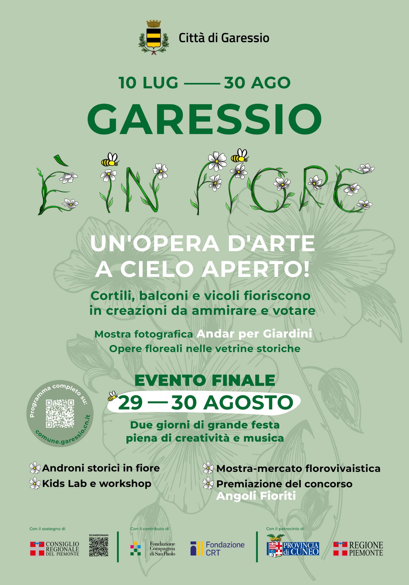 locandina promozionale sfondo verde con logo della manifestazione Garessio è in Fiore e programma dell'evento finale del 29-30 agosto
