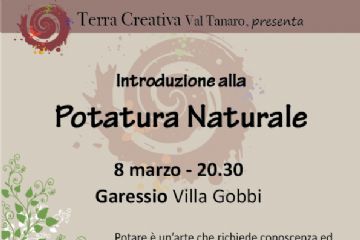 Terra Creativa Val Tanaro, presenta: introduzione alla potatura naturale. In data 8 marzo 2025, alle ore 20,30, in Garessio, in Via al Santurio n.2, in Villa Gobbi. Potare è un'arte che richiede conoscenza ed esperienza. Una serata introduttiva per iniziare a capire e conoscere il "modo di pensare" delle piante, per assecondarle nel loro sviluppo verso una forma naturale. La serata introduce i corsi che si terranno a Ormea il 9 marzo e a Garessio i 22 e 23 marzo. Serata ad ingresso libero. Per info: Silvia, cellulare: 328 7076680 o federica, cellulare: 333 3145772. Con il patrocinio del Comune di Garessio. Simbolo a spirale di Terra Creativa Val Tanaro in alto a destra. Alberi e foglie stilizzati nel quadrante in basso a sinistra, con due QR code per whatsapp e Telegram. Loghi delle associazioni che partecipano a Terra Creativa Val Tanaro nella fascia in basso.