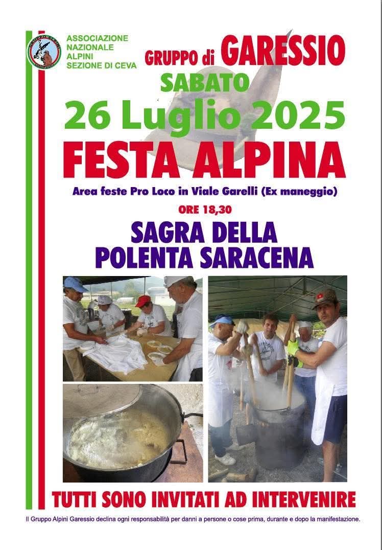 Foglio bianco, scritta verde con data e anno dell'evento
scritta rossa descrizione della festa e orario 18.30.
immagine di uomini mentre preparano la polenta saracena 