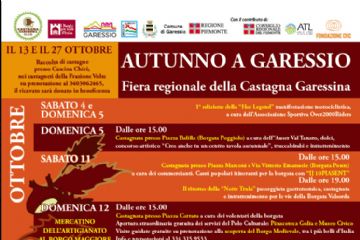 locandina con la specifica di tutti gli eventi con indicazione delle date e dei luoghi.
Nei week end di Ottobre e il 2 novembre, nelle varie borgate di Garessio, sono in programma diversi eventi legati alla castagna garessina . L'ufficio turistico, aperto sabato e domenica, rimane a disposizione per maggiori informazioni
al numero telefonico  0174 19 20 163   o  334 315 95 33 