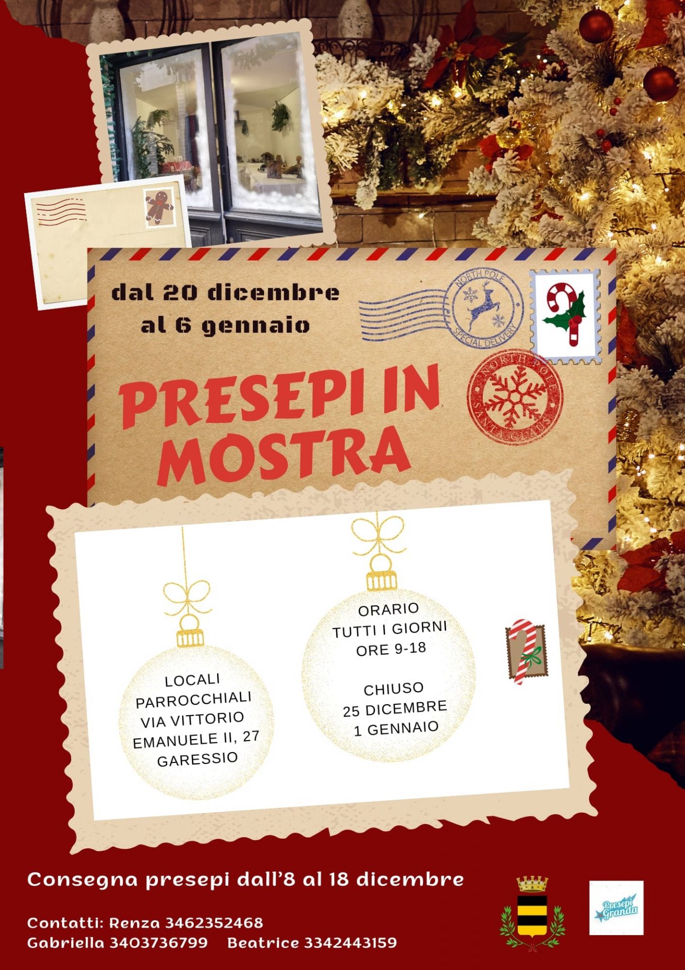 Dal 20 dicembre 2025 al 6 gennaio 2026 di svolgerà "Presepi in mostra" presso i locali parrocchiali di Via Vittorio Emanuele II n. 27.
La mostra sarà visitabile tutti i giorni dalle 9,00 alle 18,00.
Sarà chiusa il 25 dicembre ed il 1 gennaio.
I presepi dovranno essere consegnati dall'8 al 18 dicembre 2025
Per informazioni: 
Renza 3462352468
Gabriella 3403736799
Beatrice 3342443159