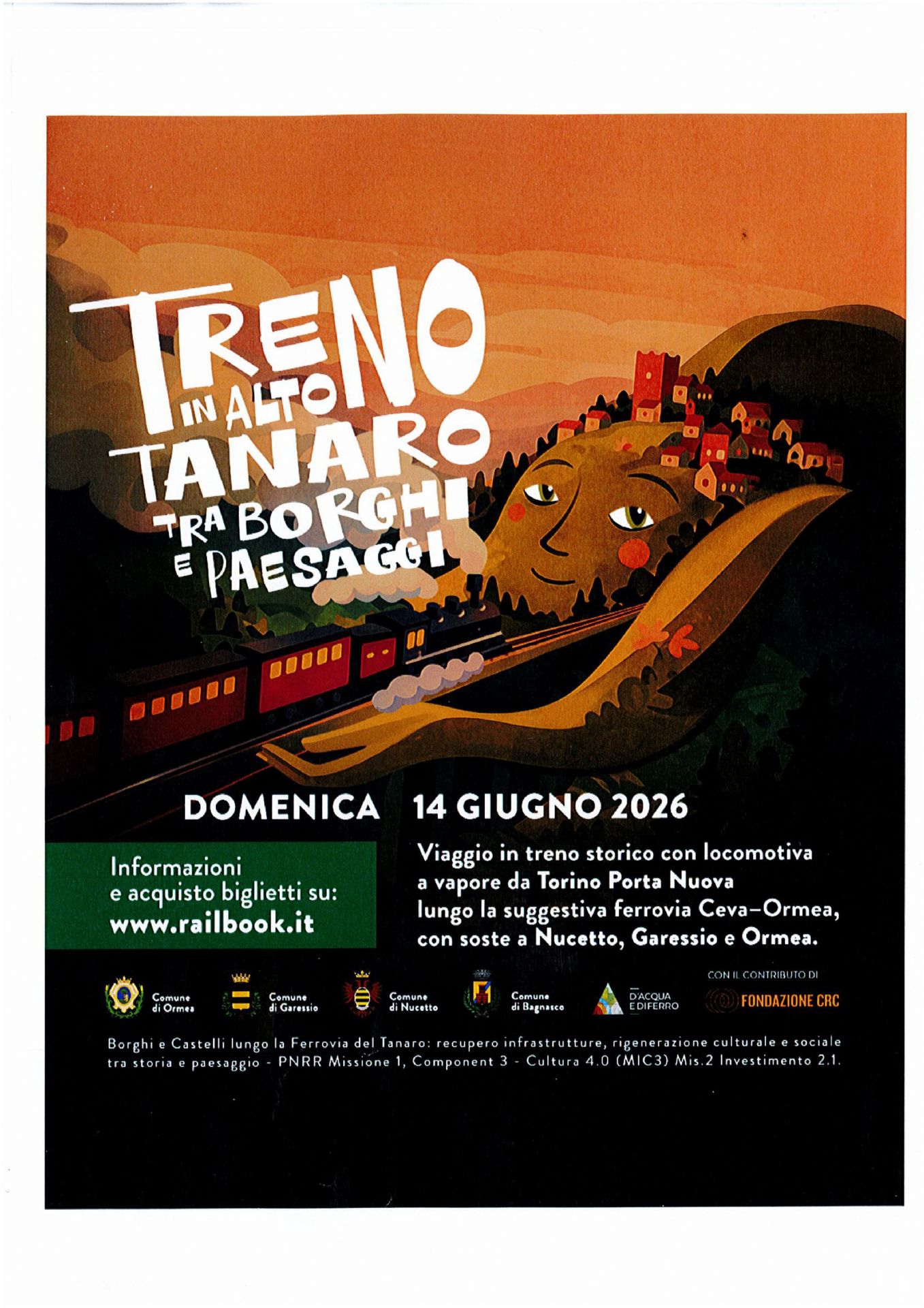 Treno in Alto Tanaro tra borghi e paesaggi
Domenica 14 giugno 2026 sosterà il treno storico con locomotiva a vapore. 
Per info ed acquisto biglietti su www.railbook.it
