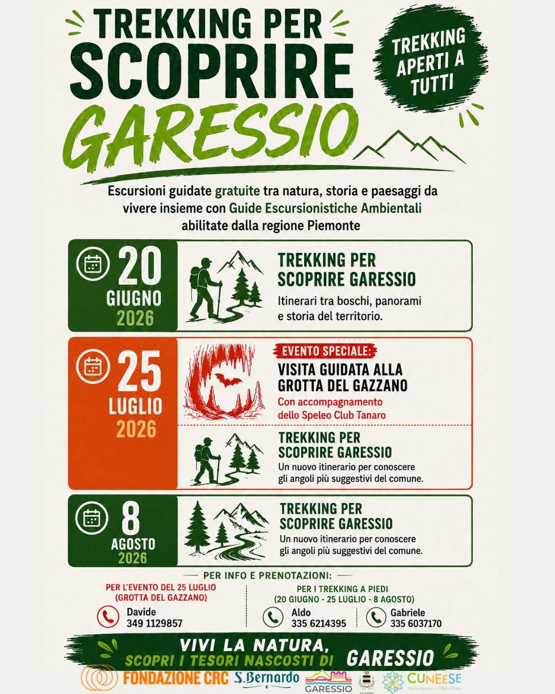 il 20 giugno, il 25 luglio e l'8 agosto 2026 si svolgeranno delle escursioni guidate gratuite tra natura, storia e paesaggi da vivere insieme con Guide Escursionistiche Ambientali abilitate dalla Regione Piemonte.
20 giugno 2026 trekking per scoprire Garessio
25 luglio 2026 visita guidata alla Grotta del Gazzano e trekking per scoprire Garessio
8 agosto 2026 trekking per scoprire Garessio
Per info e prenotazioni
Per i trekking a piedi: Aldo 335 6214395 e Gabriele 335 6037170
Per la grotta del Gazzano Davide 349 1129857