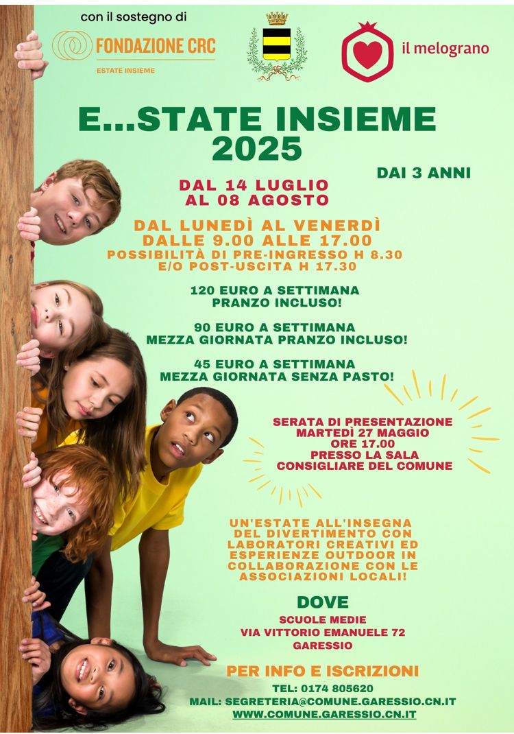 Gruppo di bambini che fanno cucù. Informazioni generiche del centro estivo 2025, durata, costi, luogo di svolgimento, serata di presentazione, per info e iscrizioni