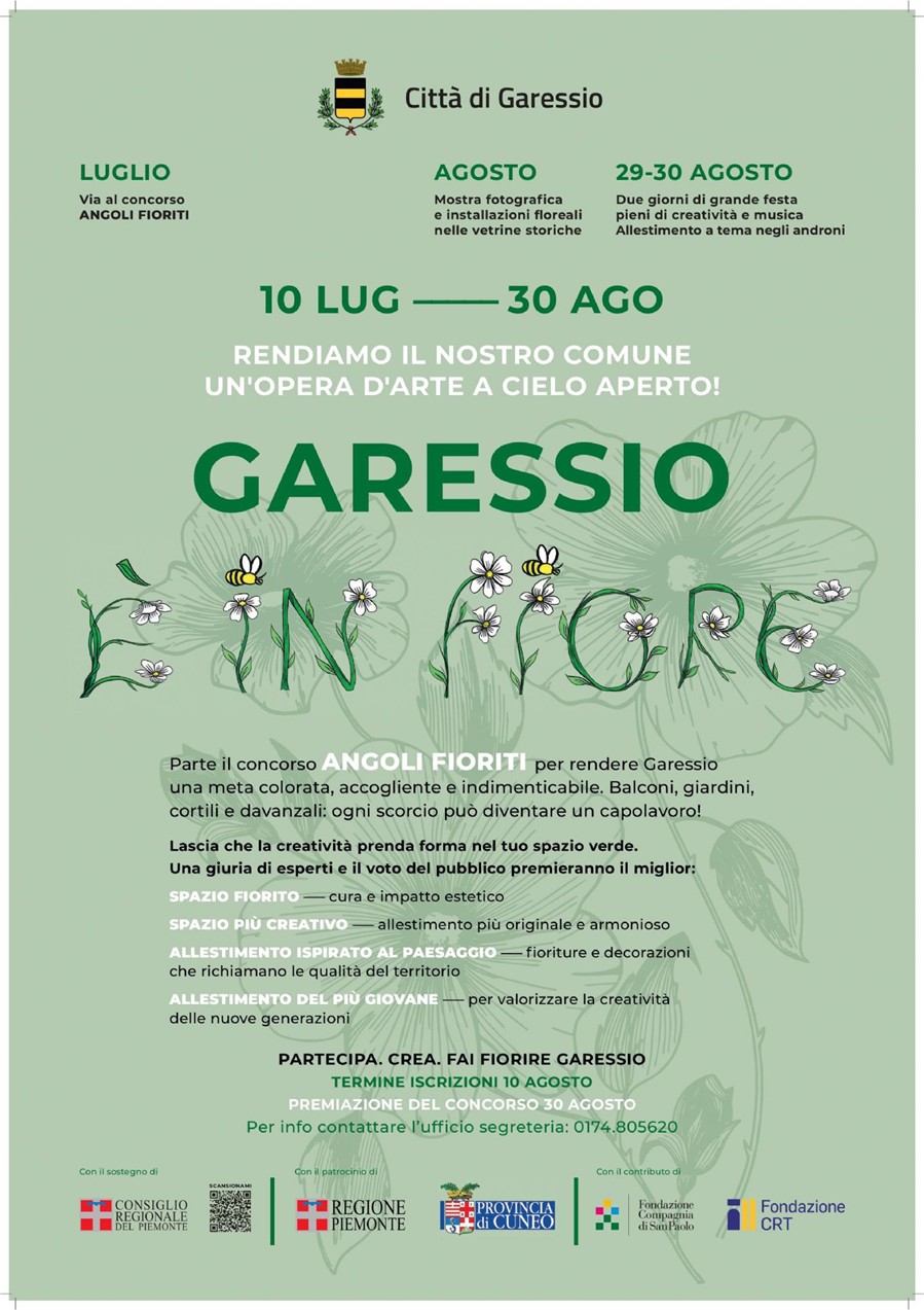 locandina promozionale sfondo verde con logo della manifestazione Garessio è in Fiore e descrizione del concorso
